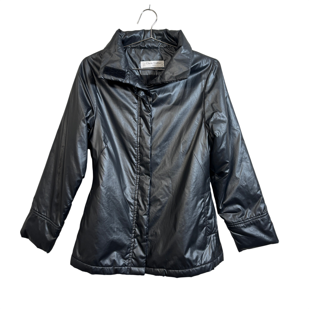 Clara Collins black faux leather jacket with padded collar, snap front closure,